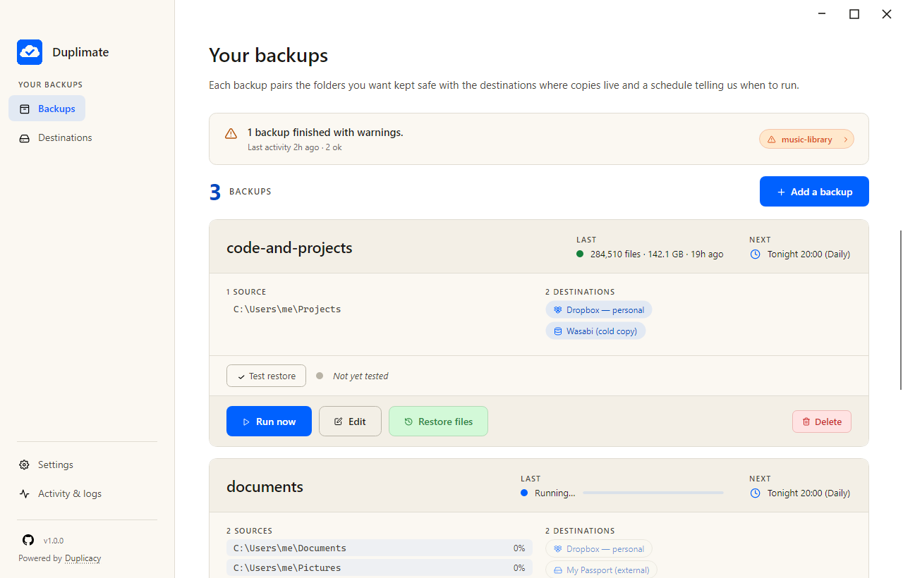Main backups view with a backup in progress