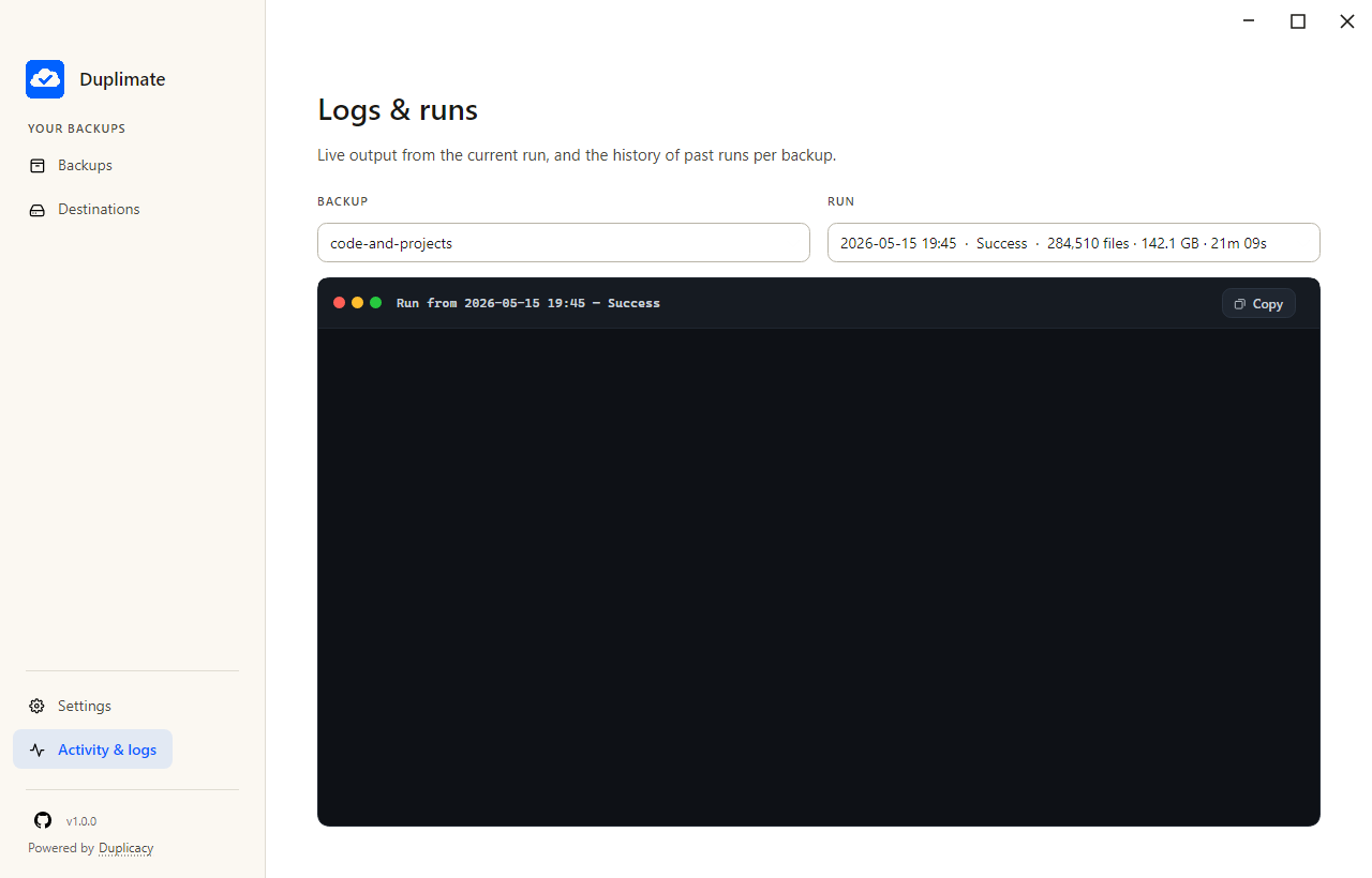 Activity and logs view