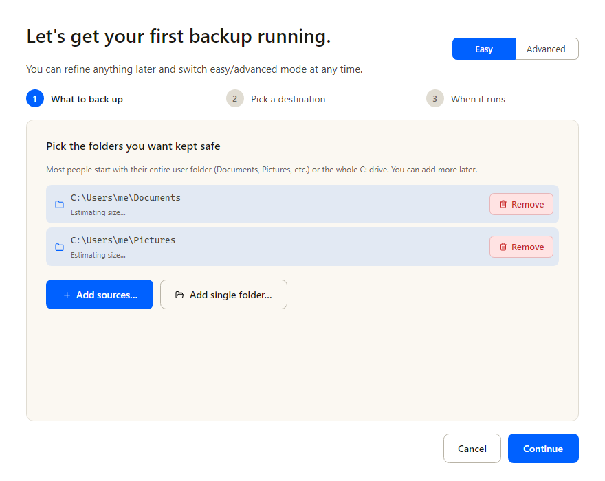 Onboarding step 1 — pick the folders to back up