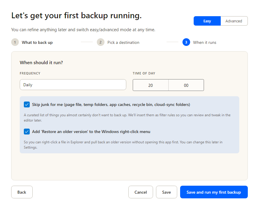Onboarding step 3 — pick the schedule