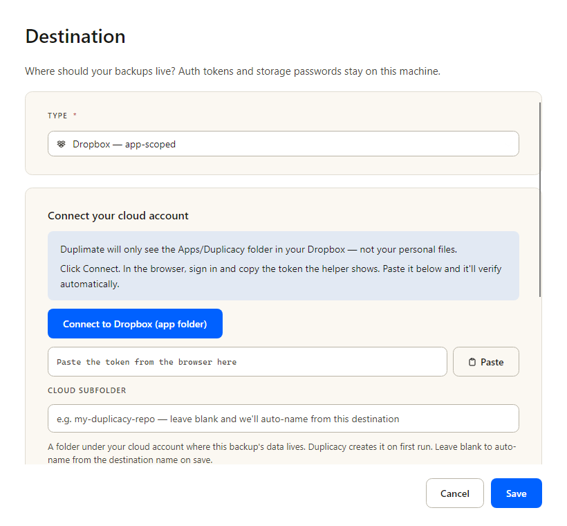 Destination editor configured for Dropbox