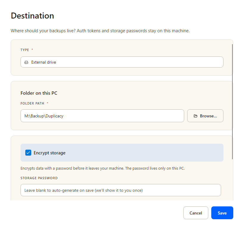 Destination editor configured for an external drive